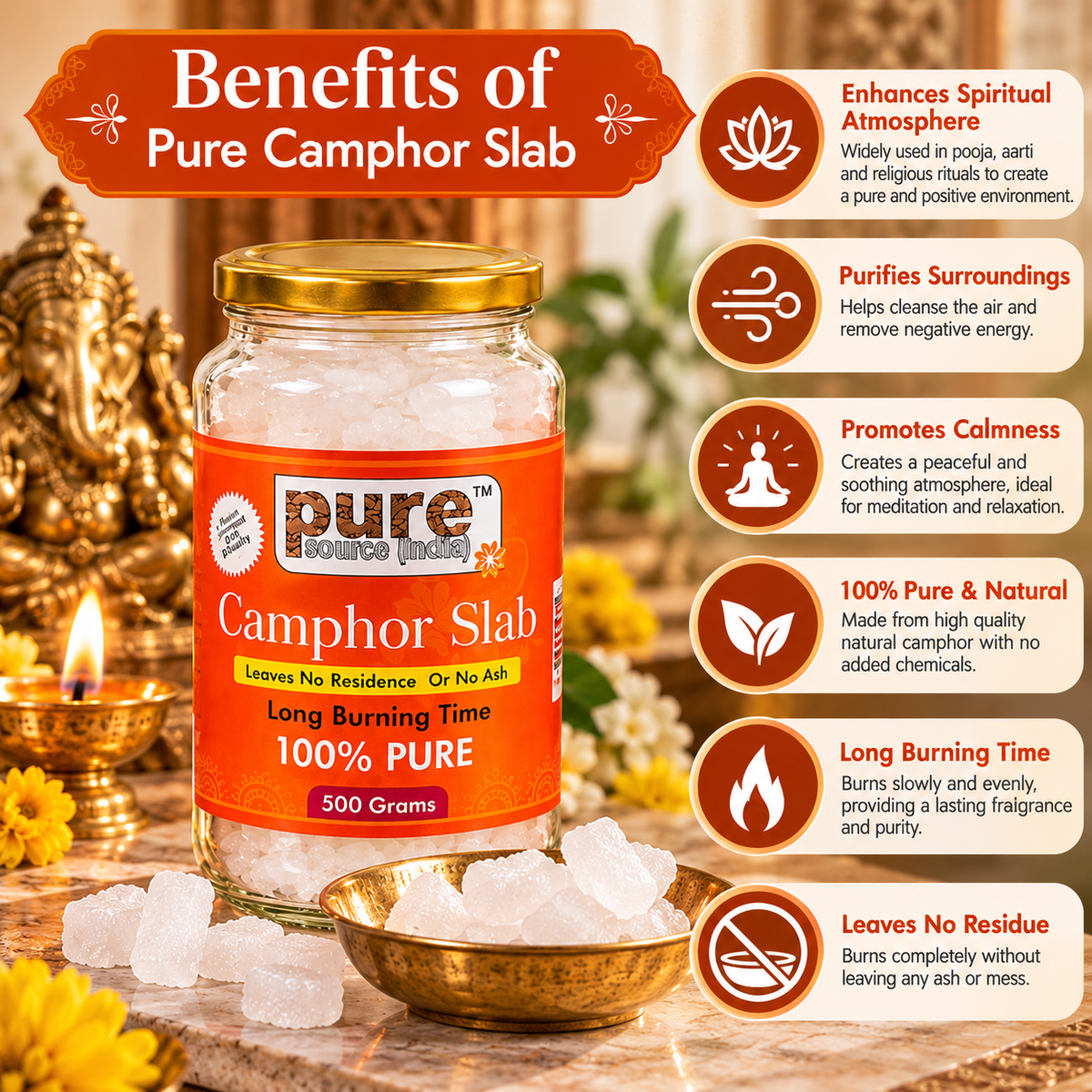 Pure Source India 100% Pure Natural Camphor Slab 500g | Long Burning Camphor for Pooja, Aarti & Home Fragrance