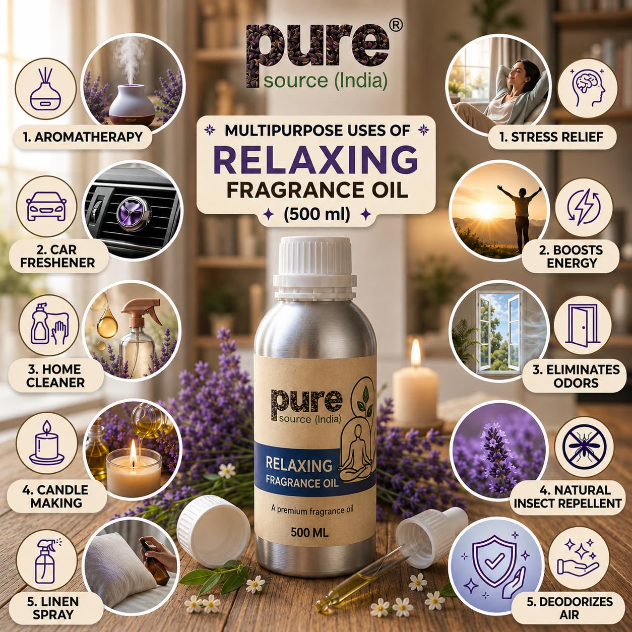 Pure Source India Aroma Diffuser Oil Essential for Oil Burner, Soap Making, Candle Making Etc. 500 ML Pack of Fragrance Oil