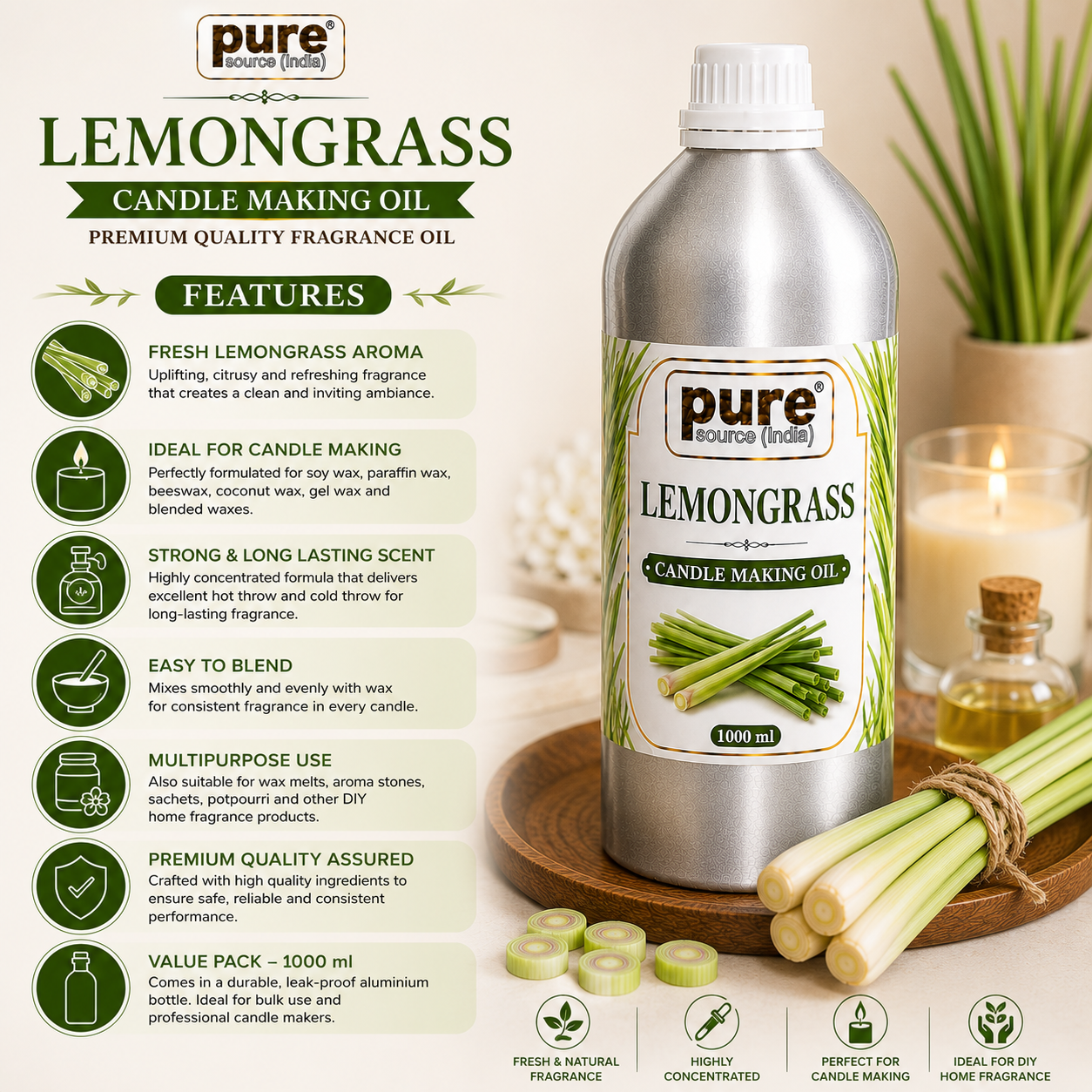 Pure Source India  Lemongrass Candle Making Oil | Fragrance Oil for Candle, Soap & Wax Melt Making | 1000 ml