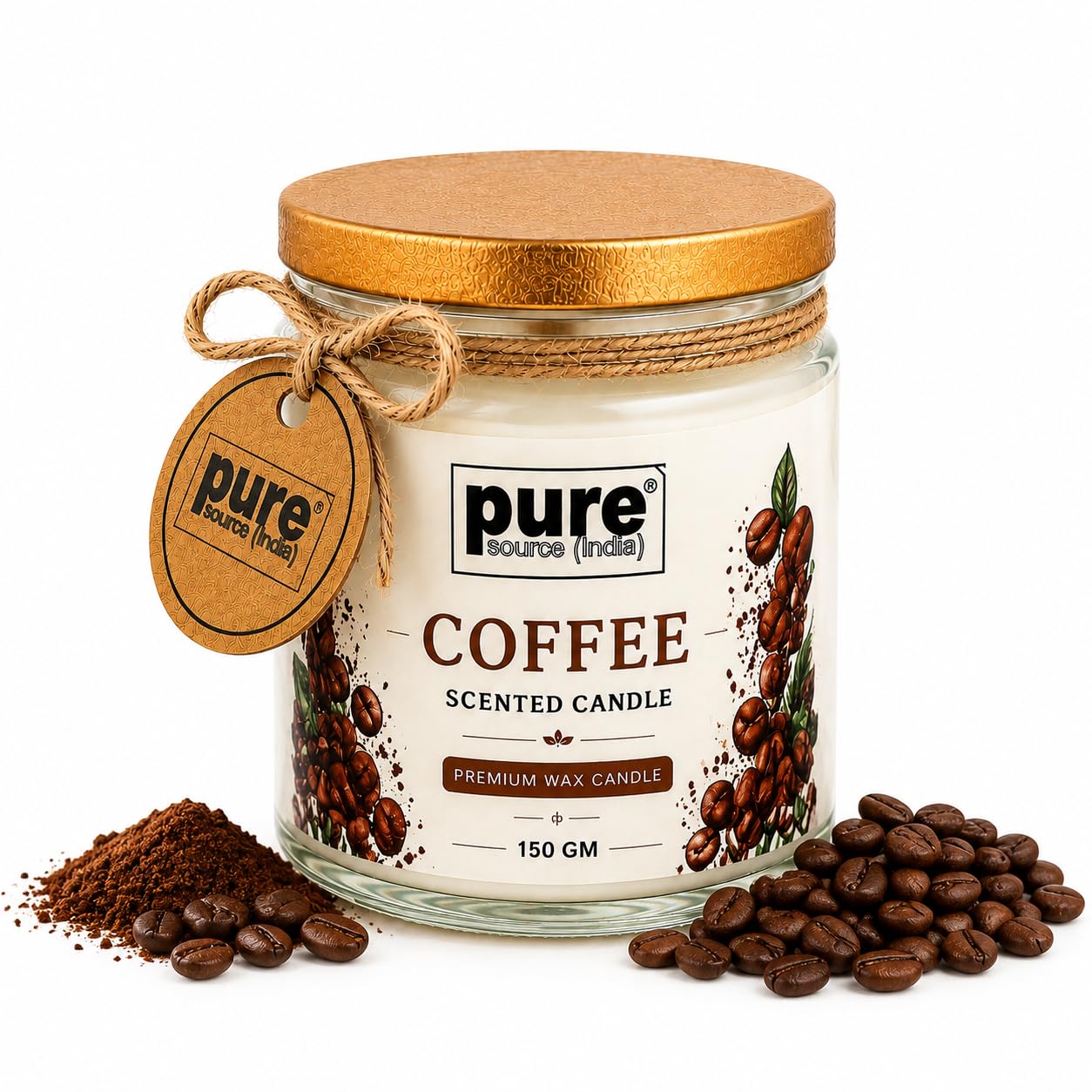 Pure Source India Premium Coffee Scented Wax Candle, 150 g | 35–40 Hours Long Burn Time | Aromatherapy Jar Candle for Home Fragrance, Home Decor, Diwali, Raksha Bandhan, Office, Spa & Gifting