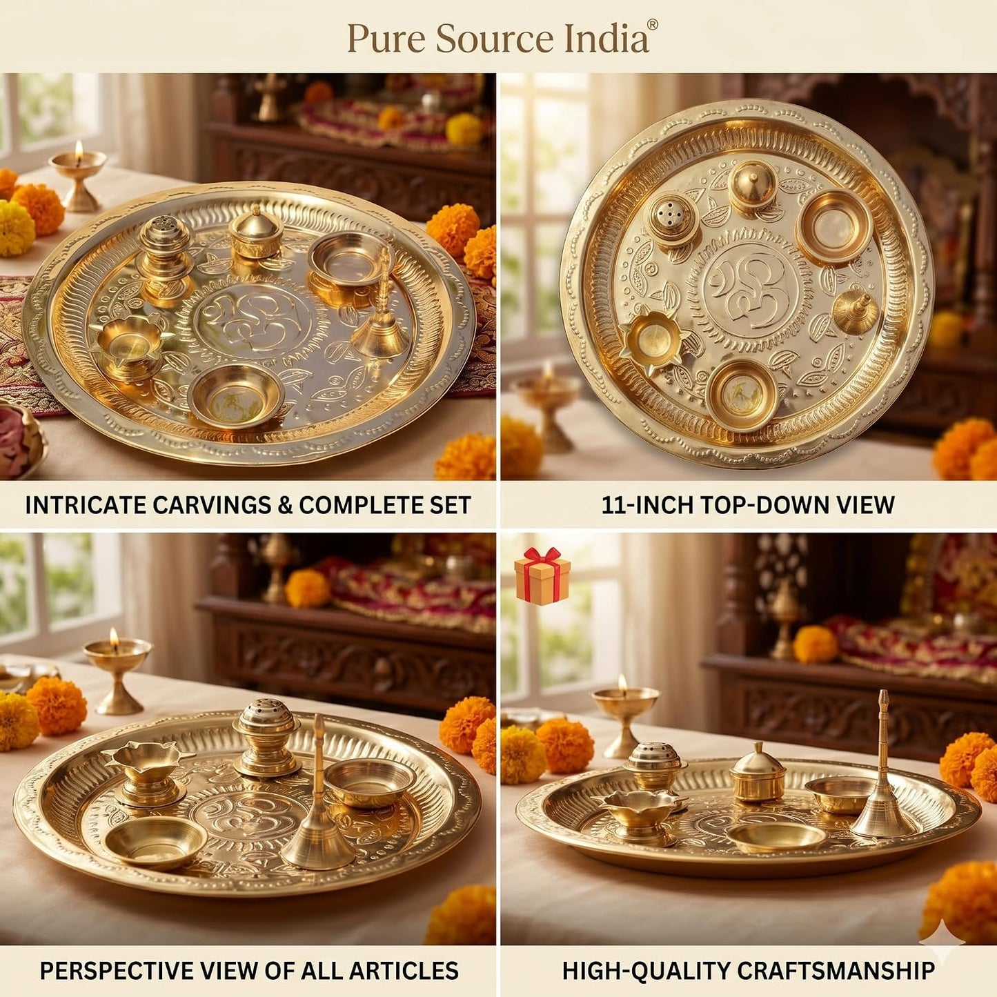 Pure Source India Pure Brass Pooja Thali Set of 7 Pieces with Gift Box, 11 Inch Traditional Puja Thali Set | Brass Pooja Items for Diwali, Mandir, Home, Office, Wedding & Return Gifts