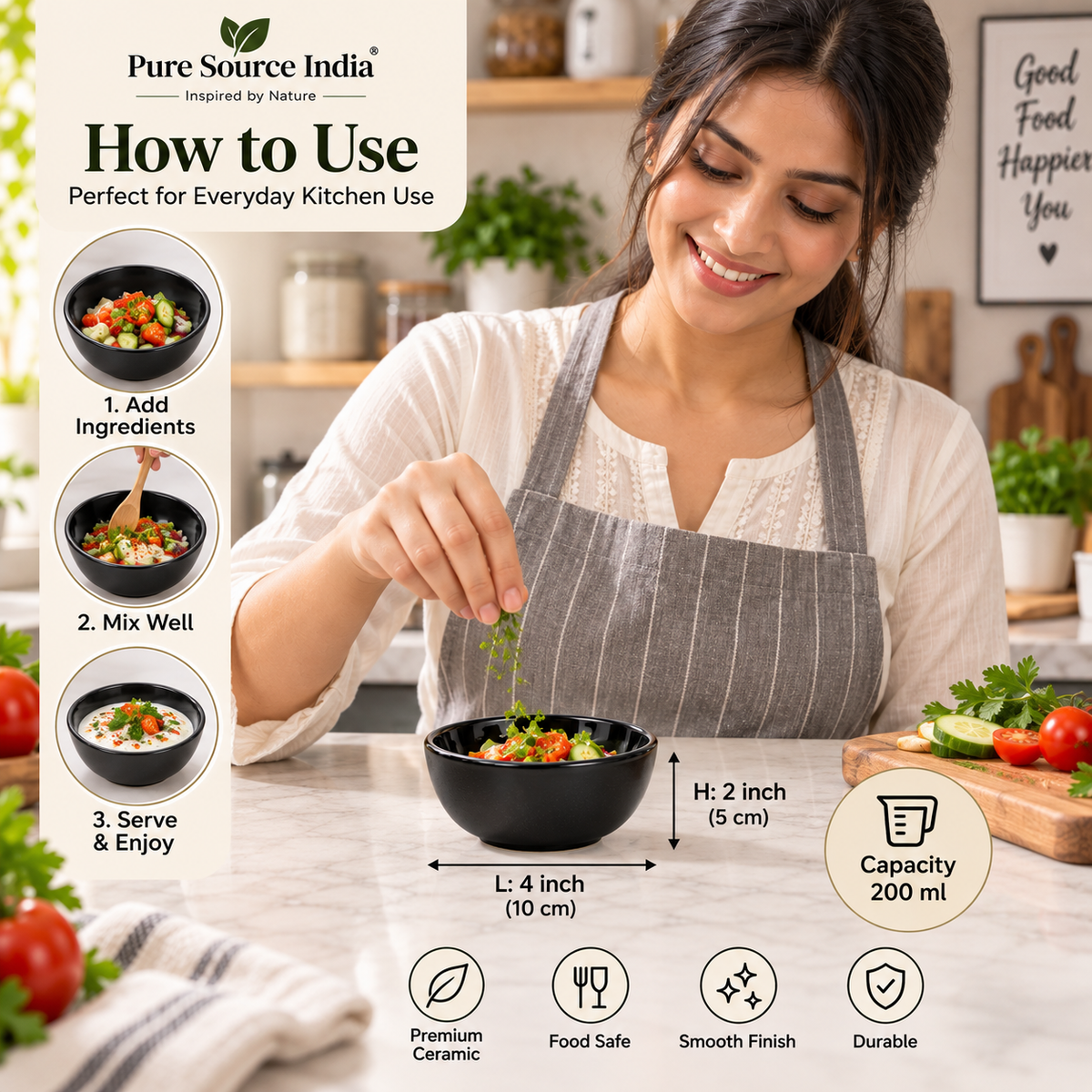 Pure Source India 200ml Black Ceramic Bowl for Serving & Dining | Premium Ceramic Serving Bowl | Food-Safe Kitchen Bowl