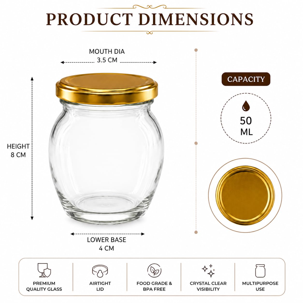 Pure Source India 50ml Glass Matka Jar with Golden Airtight Lid | Leak-Proof Small Glass Container for Spices, Masala, Herbs, Dry Fruits & Kitchen Storage