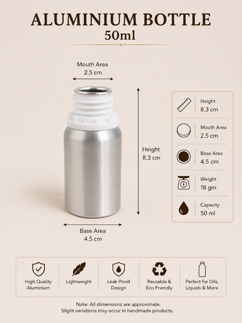 Pure Source India Aluminum Empty Bottle 50ml with Inner Lid & Cap – Ideal for Essential Oils, Oil Blends, Cosmetics and Liquid Storage (Pack of 1)
