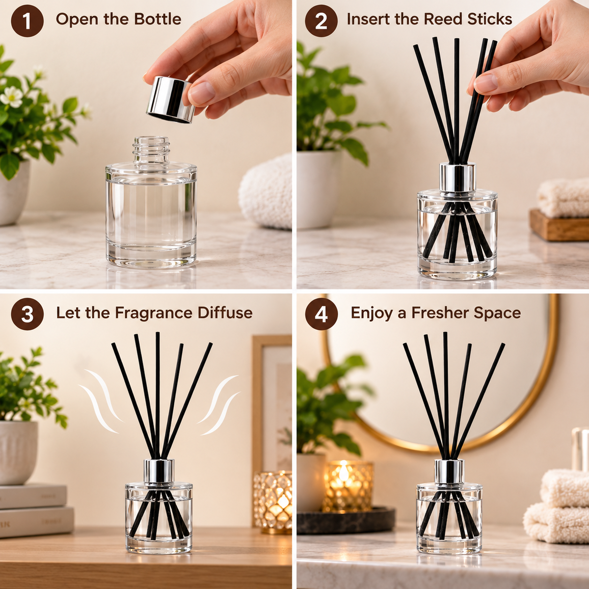Pure Source India 50ML Empty Round Reed Diffuser Glass Bottle Coming with 6 Pcs Black Reed Sticks