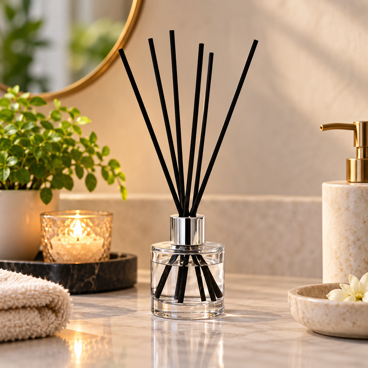Pure Source India 50ML Empty Round Reed Diffuser Glass Bottle Coming with 6 Pcs Black Reed Sticks