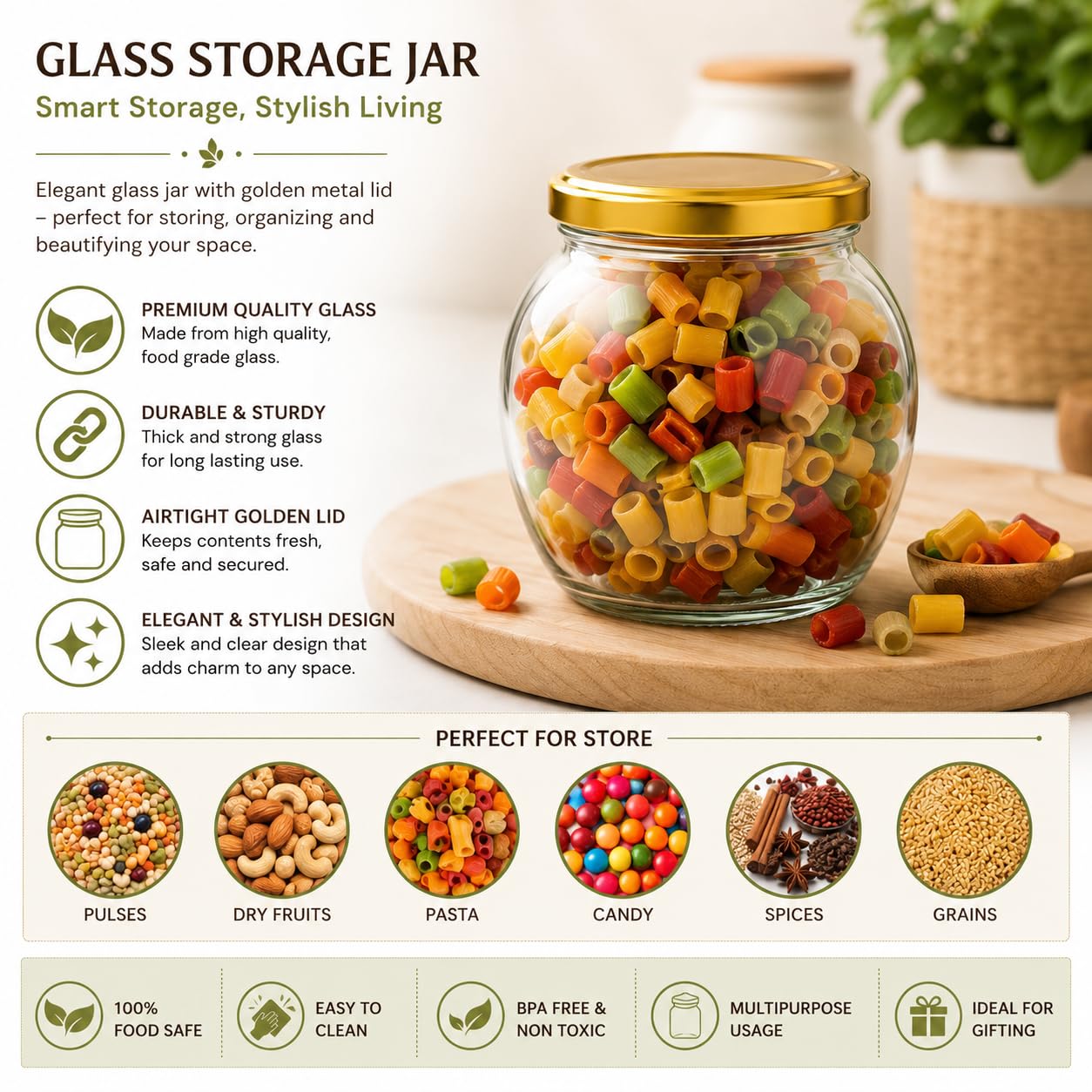 Pure Source India 100ml Glass Matka Jar with Golden Airtight Lid | Leak-Proof Small Glass Container for Spices, Masala, Herbs, Dry Fruits & Kitchen Storage