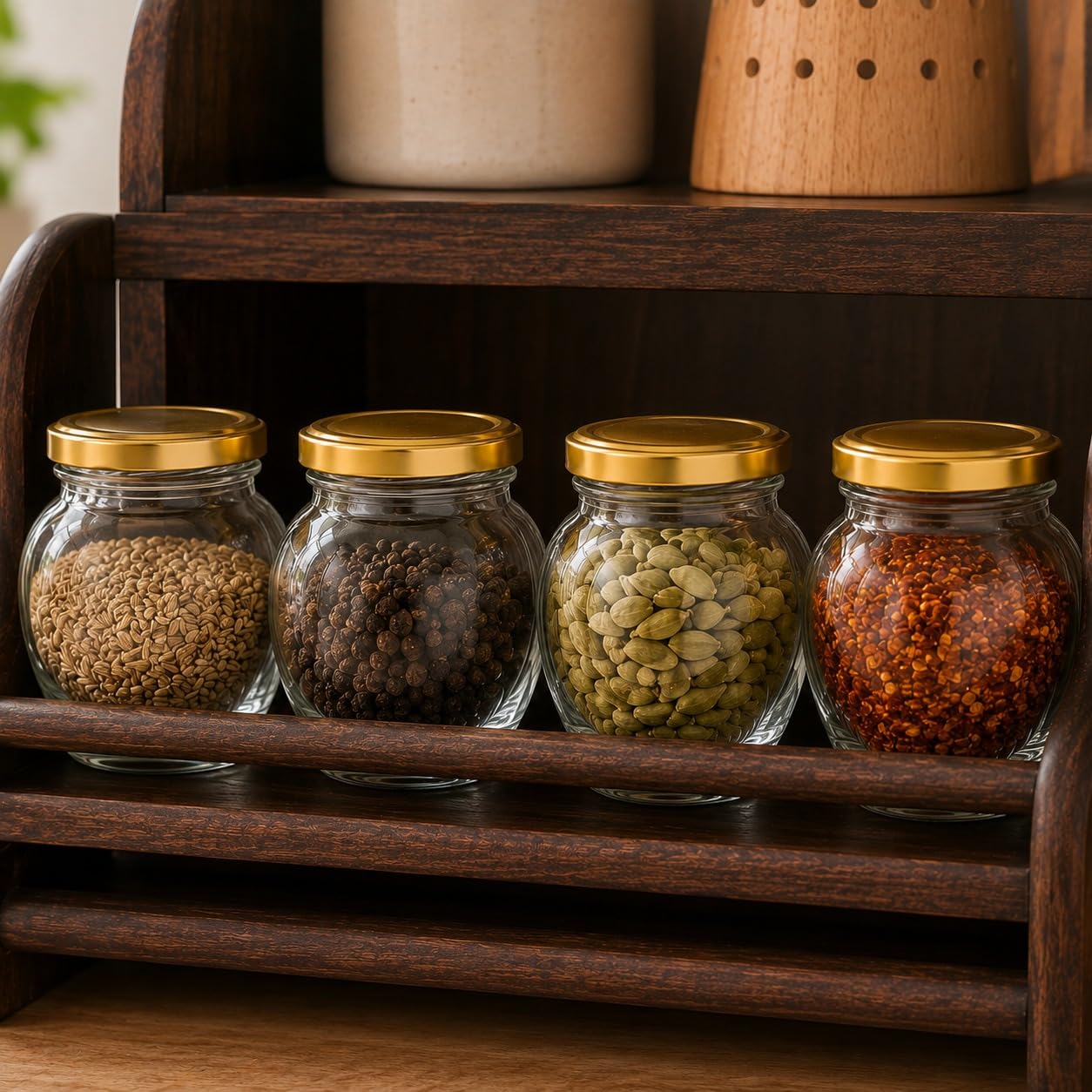 Pure Source India 100ml Glass Matka Jar with Golden Airtight Lid | Leak-Proof Small Glass Container for Spices, Masala, Herbs, Dry Fruits & Kitchen Storage