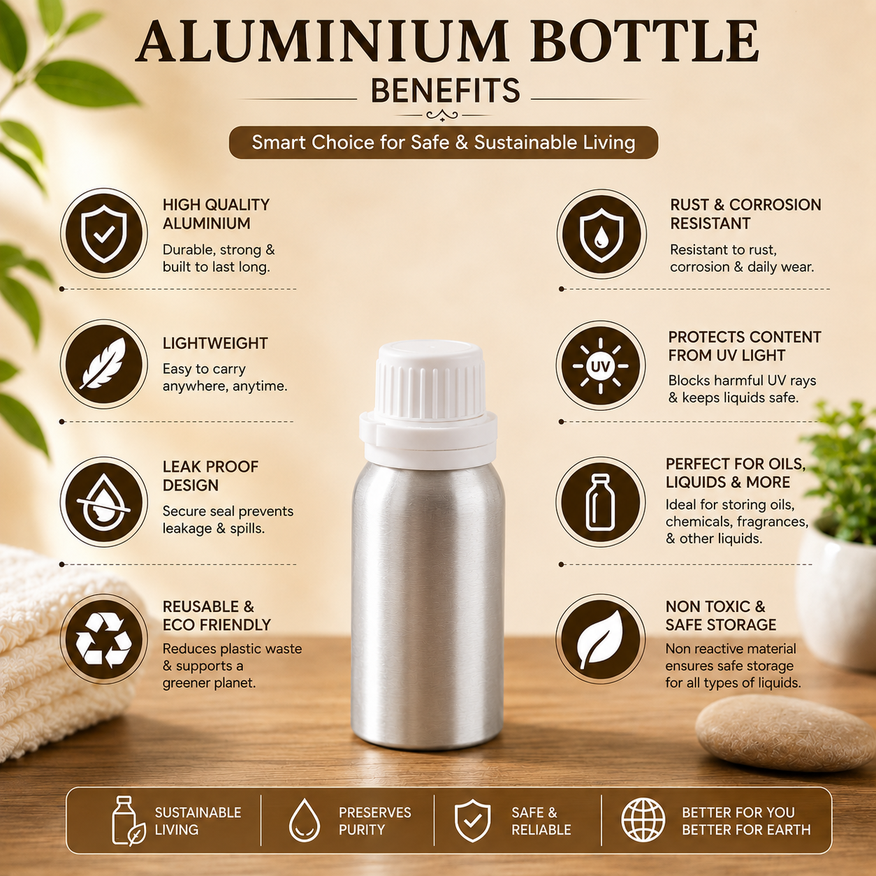 Pure Source India Aluminum Empty Bottle 50ml with Inner Lid & Cap – Ideal for Essential Oils, Oil Blends, Cosmetics and Liquid Storage (Pack of 1)