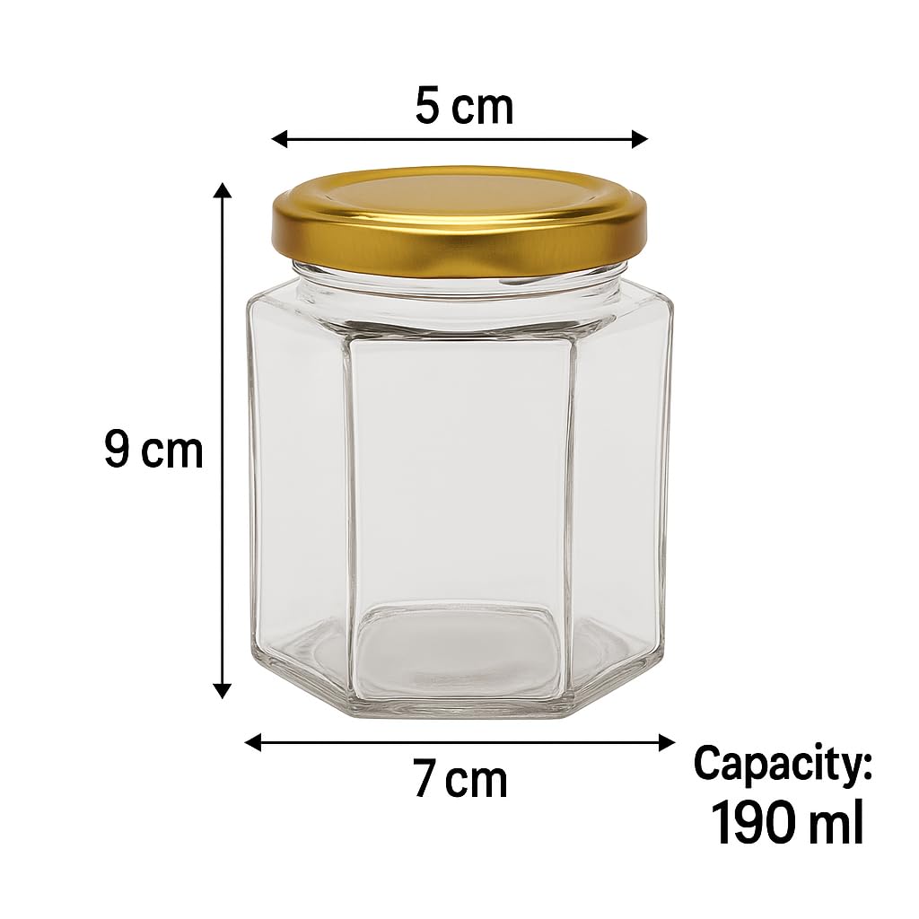 Pure Source India 190ml Hexagon Glass Jar with Golden Lid | Airtight & Leakproof | Dishwasher & Freezer Safe |for Spices, Pickles, Honey, Dry Fruits, Gifts & Kitchen Organization