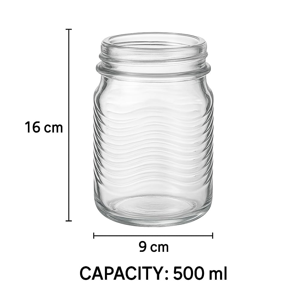Pure Source India 500 ml Glass Jar Container with Airtight Lid | Wavy Design Storage Jar for Kitchen | Ideal for Dry Fruits, Snacks, Cookies, Spices & Multipurpose Use