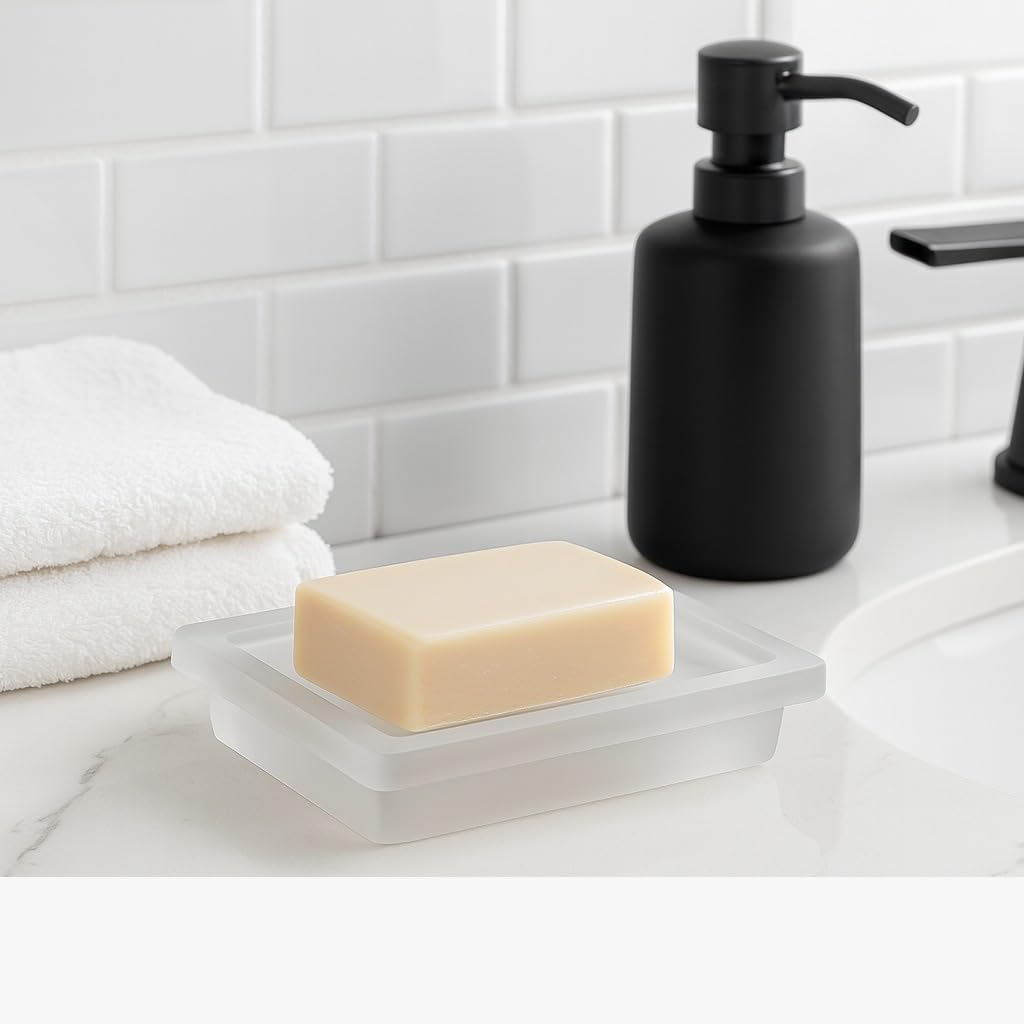 Pure Source India Frosted Clear Square Glass Soap Dish for Bathroom |Soap Holder with Drain | Anti-Slip, Durable & Easy to Clean Soap Tray for Sink, Shower & Kitchen (4.5inch)
