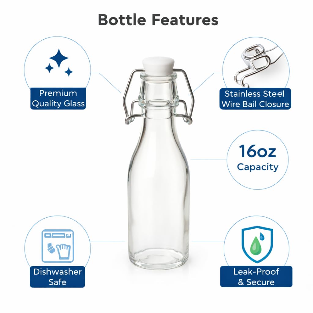 Premium 250ml Glass Water Bottle with Airtight Flip Top Cap | Leakproof & Reusable Bottle for Water, Juice, Oil, Vinegar