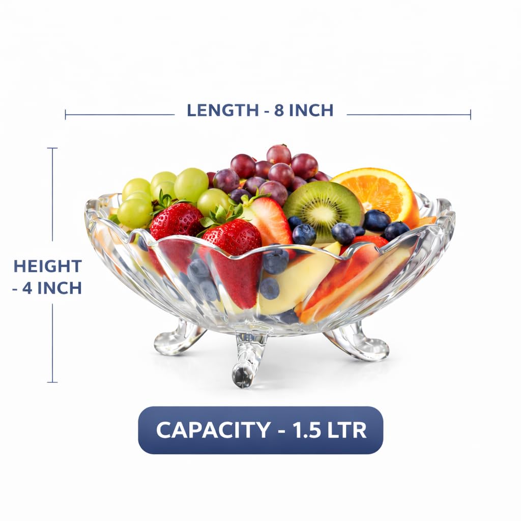 Pure Source India 8-Inch Clear Glass Fruit Bowl with Footed Base – 1.5 Liter Capacity Decorative Serving Bowl for Fruit, Salad & Home Décor