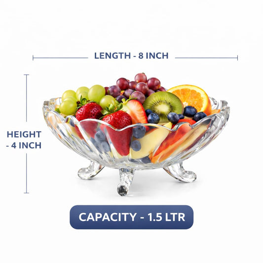 Pure Source India 8-Inch Clear Glass Fruit Bowl with Footed Base – 1.5 Liter Capacity Decorative Serving Bowl for Fruit, Salad & Home Décor
