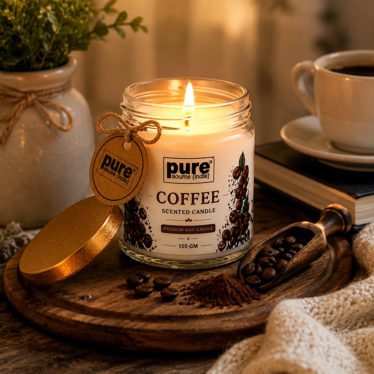 Pure Source India Premium Coffee Scented Wax Candle, 150 g | 35–40 Hours Long Burn Time | Aromatherapy Jar Candle for Home Fragrance, Home Decor, Diwali, Raksha Bandhan, Office, Spa & Gifting