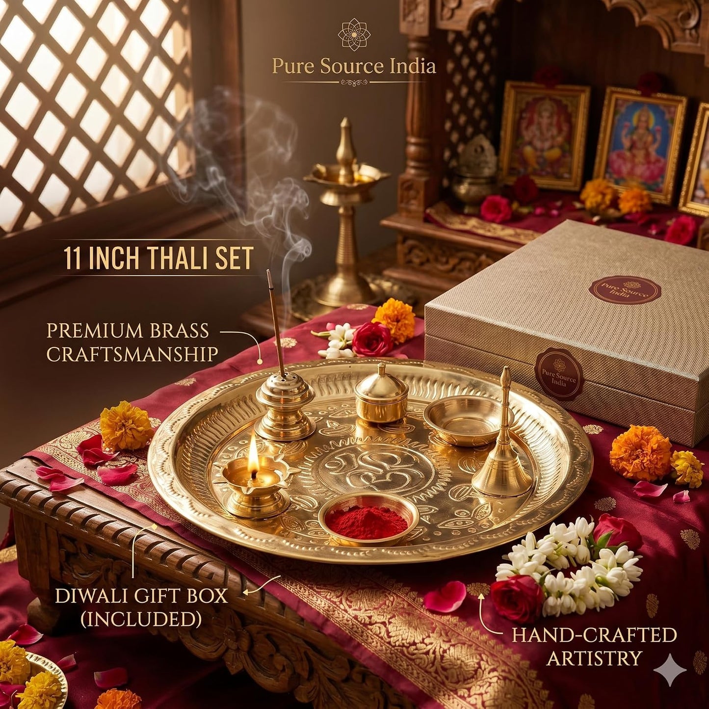 Pure Source India Pure Brass Pooja Thali Set of 7 Pieces with Gift Box, 11 Inch Traditional Puja Thali Set | Brass Pooja Items for Diwali, Mandir, Home, Office, Wedding & Return Gifts