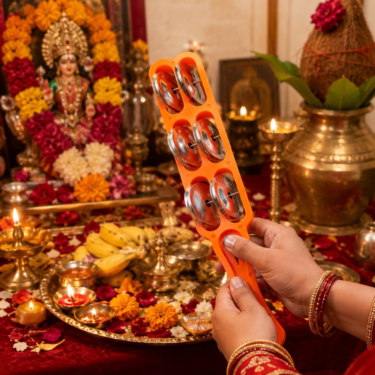 Pure Source India Handheld Plastic Tambourine Pack of 2 | 3-Pair Metal Jingle Percussion Instrument | Ideal for Bhajan, Kirtan, Pooja, Aarti, Garba, Music Practice & Cultural Events | Orange
