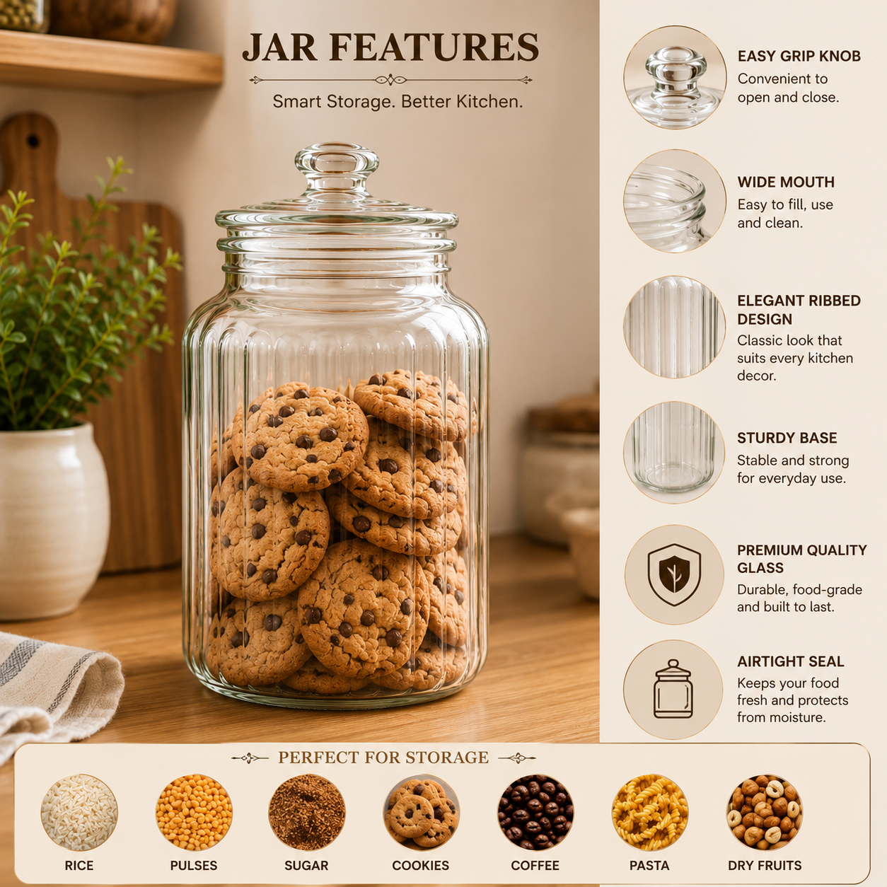 Pure Source India 3 Ltr Glass Jar Container With Air Tight Lid, Capacity