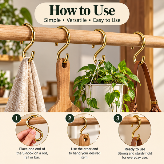 Pure Source India Golden Brass S  Hook for Home Decor, Hanging Accessories, Kitchen, Bathroom & Organizing(Light Weight)