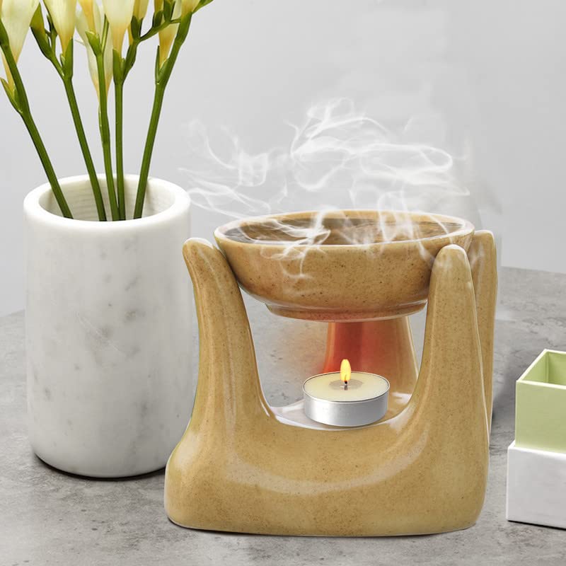 Pure Source India Ceramic Hand Type Oil Burner for Home, Office, with 1 Tea Light Candle, Made by Porcelain