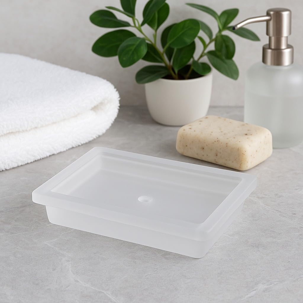 Pure Source India Frosted Clear Square Glass Soap Dish for Bathroom |Soap Holder with Drain | Anti-Slip, Durable & Easy to Clean Soap Tray for Sink, Shower & Kitchen (4.5inch)