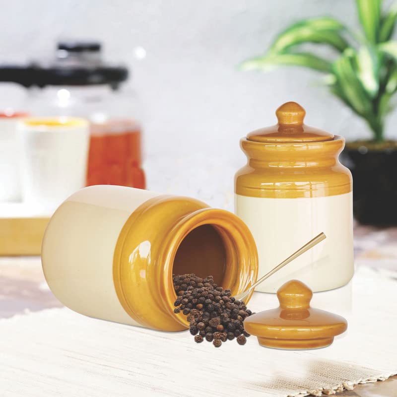 Pure Source India Ceramic Pickle Jar with Lid - 1 Piece, Ivory and Brown