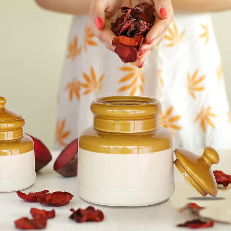 Pure Source India Ceramic Pickle Jar with Lid - 1 Piece, Ivory and Brown
