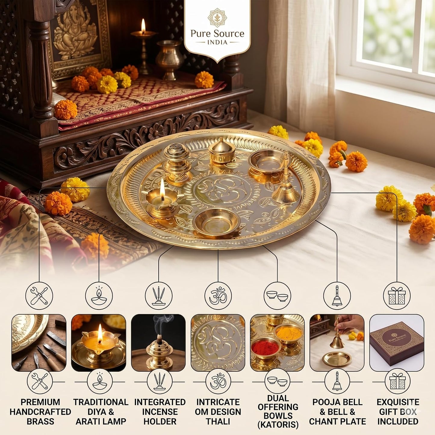 Pure Source India Pure Brass Pooja Thali Set of 7 Pieces with Gift Box, 11 Inch Traditional Puja Thali Set | Brass Pooja Items for Diwali, Mandir, Home, Office, Wedding & Return Gifts