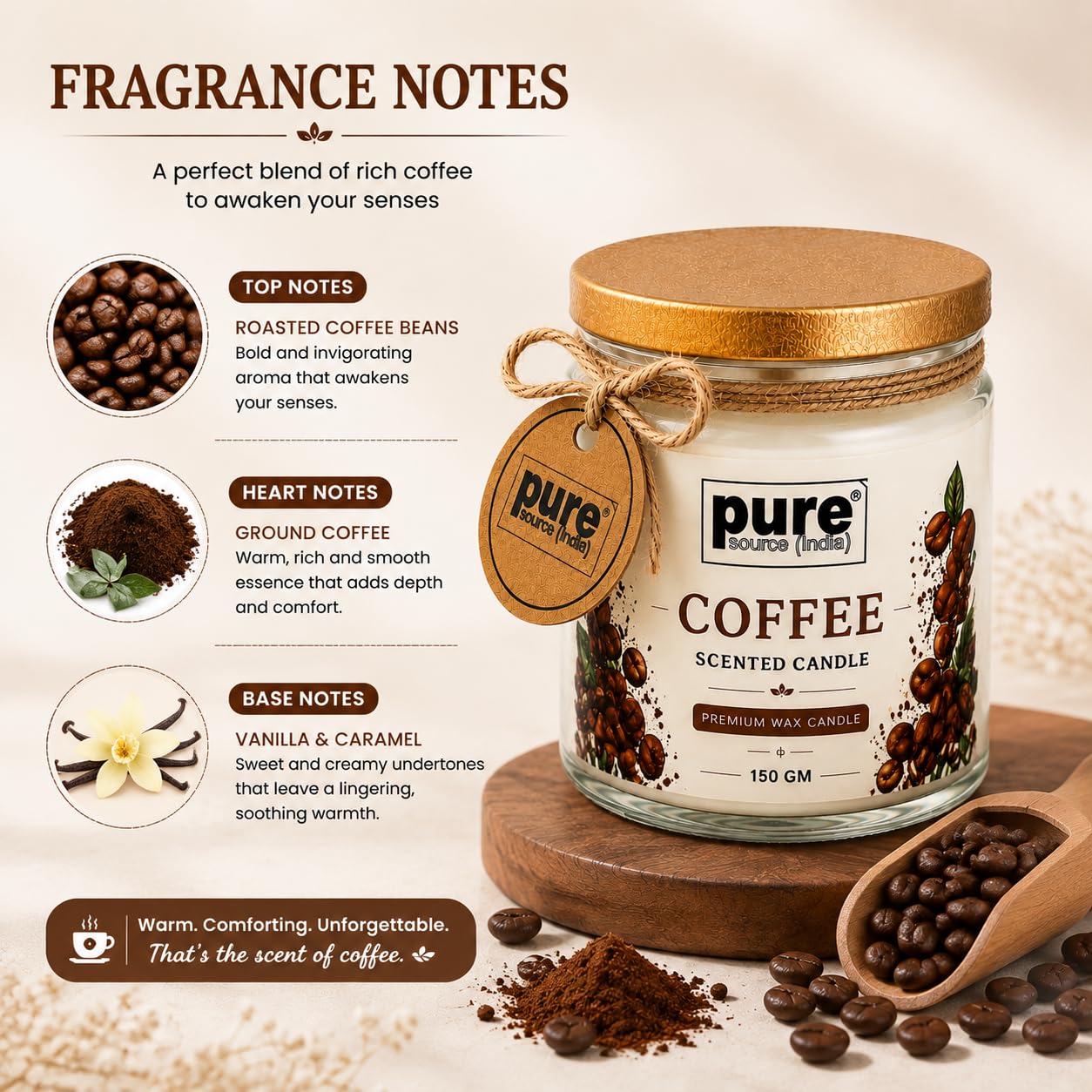 Pure Source India Premium Coffee Scented Wax Candle, 150 g | 35–40 Hours Long Burn Time | Aromatherapy Jar Candle for Home Fragrance, Home Decor, Diwali, Raksha Bandhan, Office, Spa & Gifting