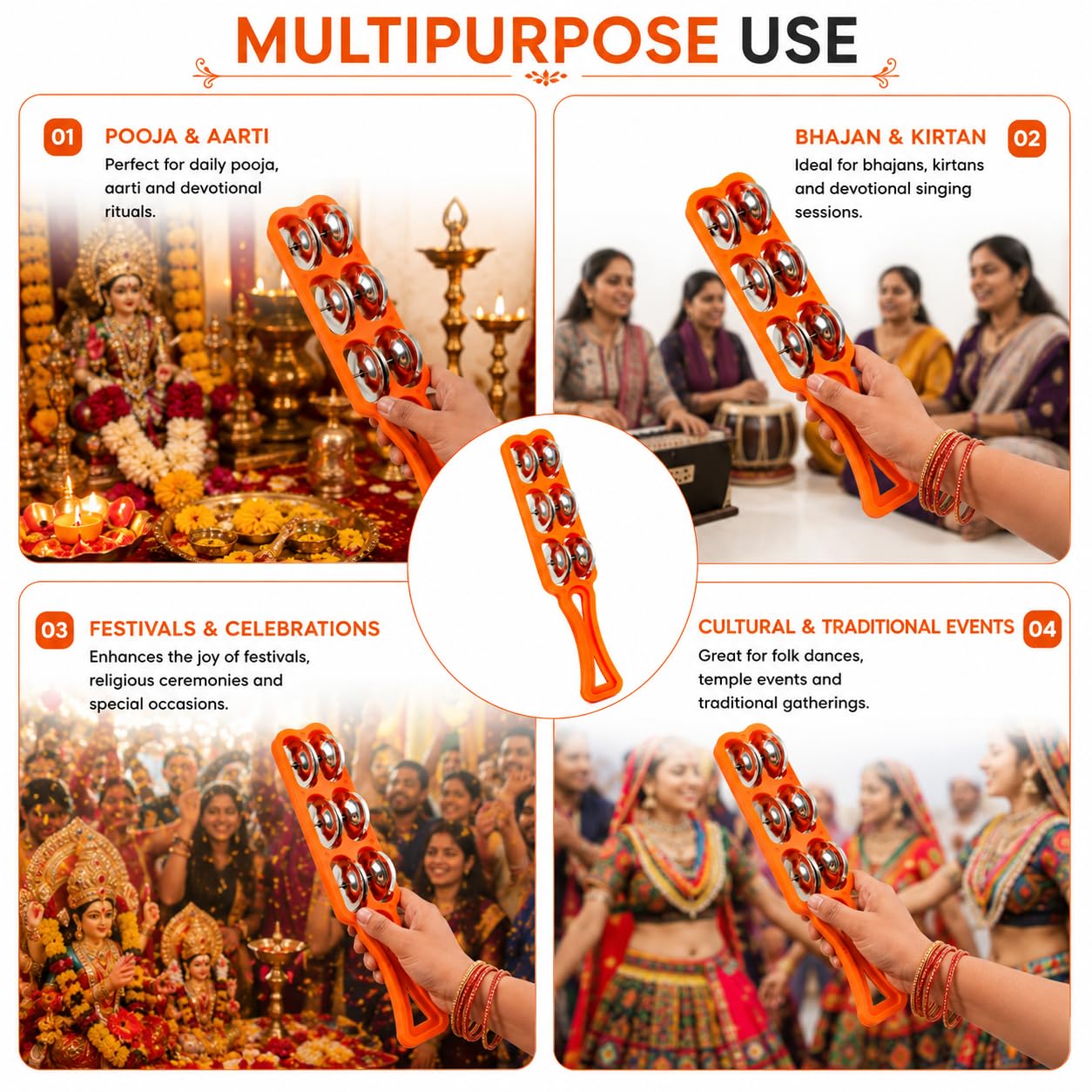Pure Source India Handheld Plastic Tambourine Pack of 2 | 3-Pair Metal Jingle Percussion Instrument | Ideal for Bhajan, Kirtan, Pooja, Aarti, Garba, Music Practice & Cultural Events | Orange
