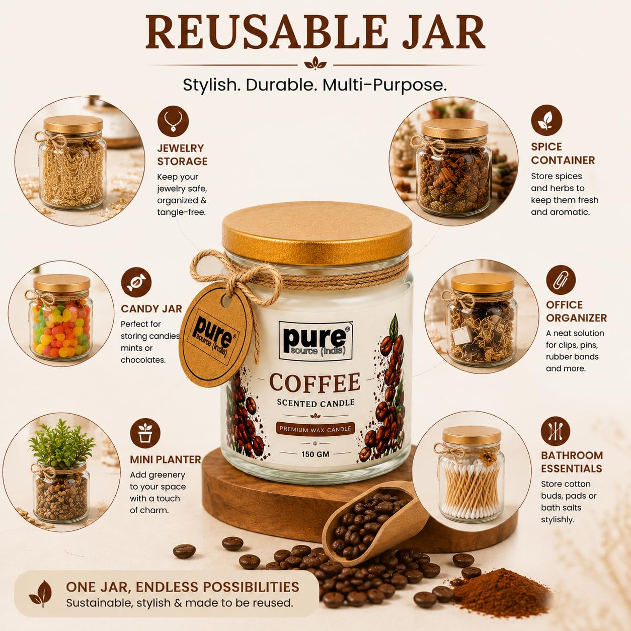 Pure Source India Premium Coffee Scented Wax Candle, 150 g | 35–40 Hours Long Burn Time | Aromatherapy Jar Candle for Home Fragrance, Home Decor, Diwali, Raksha Bandhan, Office, Spa & Gifting