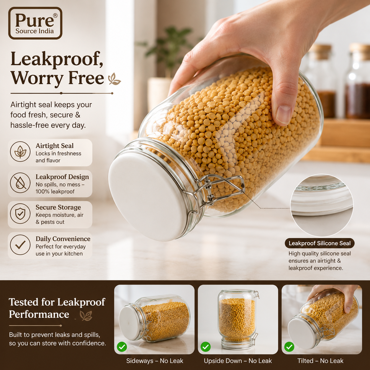 Pure Source India Glass Jar 1.5 LTR, Air Tight Jar With Stainless Steel Clamp Lid & Silicone Seal Kitchen Storage Jar with Air Tight Seal for Rice Pasta Pickling Food (White Rim)