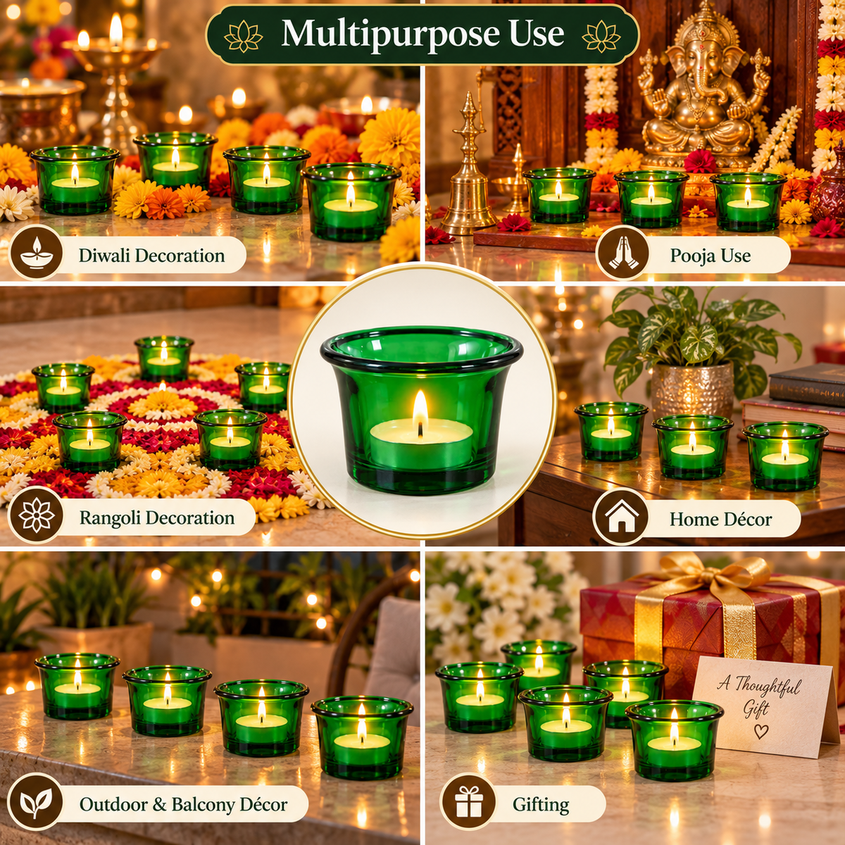 Pure Source India Green Makhan Votive Glass Tealight Candle Holder Set of 6 With Tealight for Diwali, Pooja, Rangoli & Home Décor