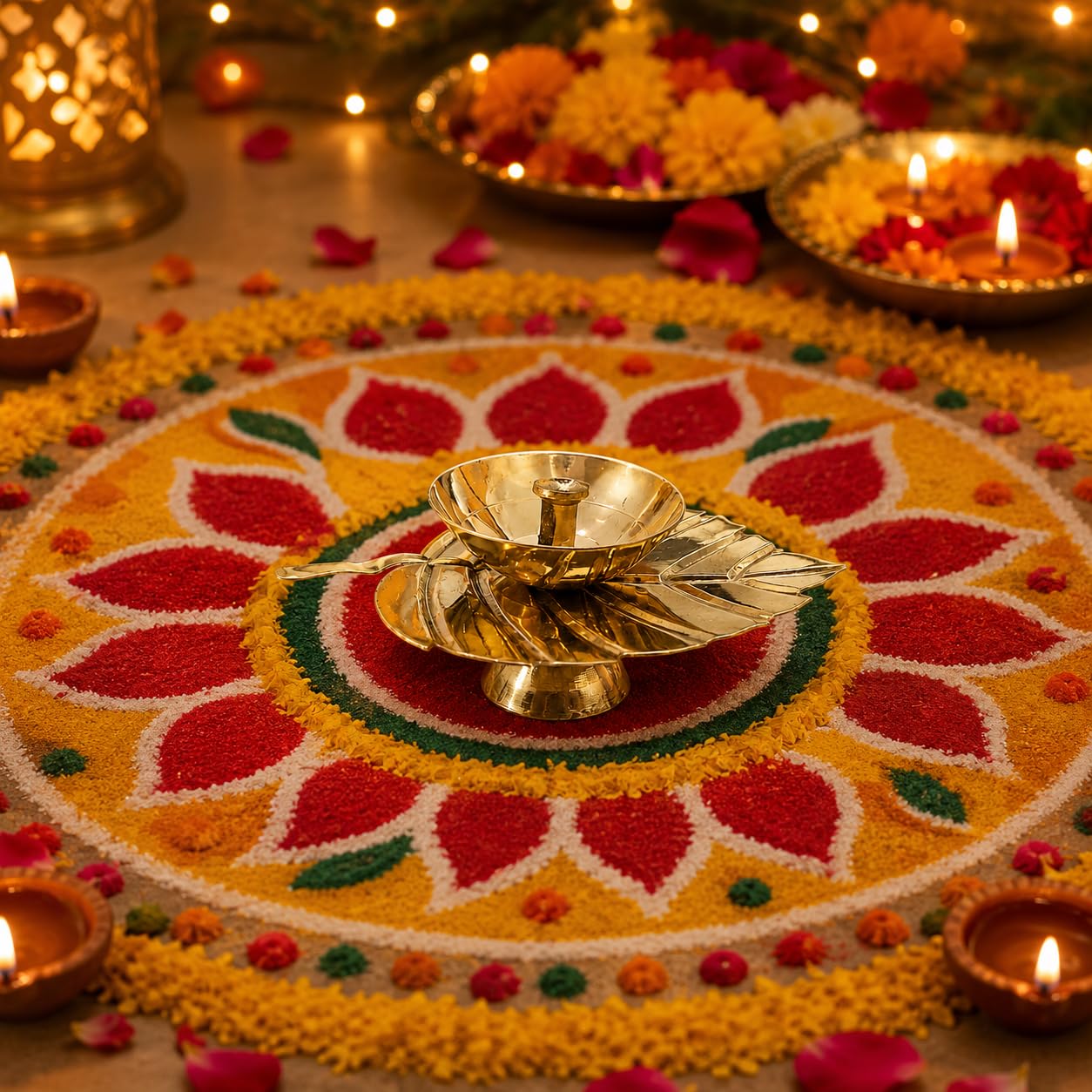 Pure Source India Brass Jyot Diya with Leaf Design Plate, 3.5 cm | Traditional Oil Lamp for Pooja Room, Temple & Home Decor | Brass Deepam for Diwali, Navratri & Daily Worship