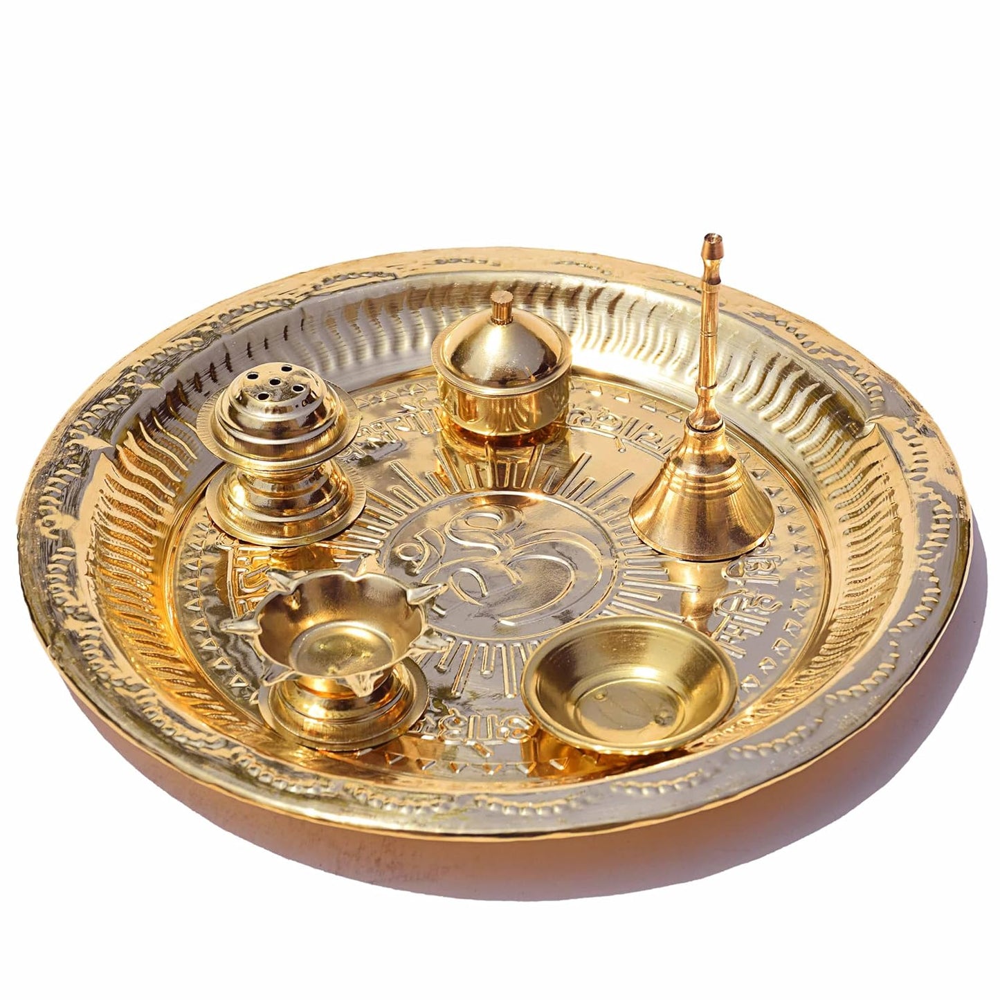Pure Source India Pure Brass Pooja Thali Set with Gift Box, 9 Inch Traditional Puja Thali & Pooja Articles | Brass Pooja Set for Diwali, Mandir, Home, Office, Wedding & Return Gifts