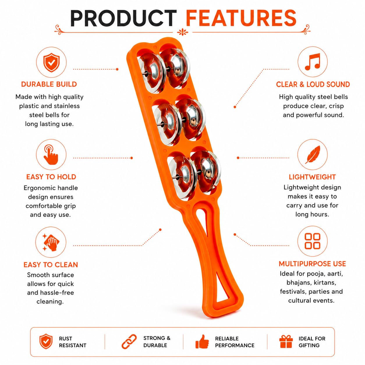Pure Source India Handheld Plastic Tambourine Pack of 2 | 3-Pair Metal Jingle Percussion Instrument | Ideal for Bhajan, Kirtan, Pooja, Aarti, Garba, Music Practice & Cultural Events | Orange