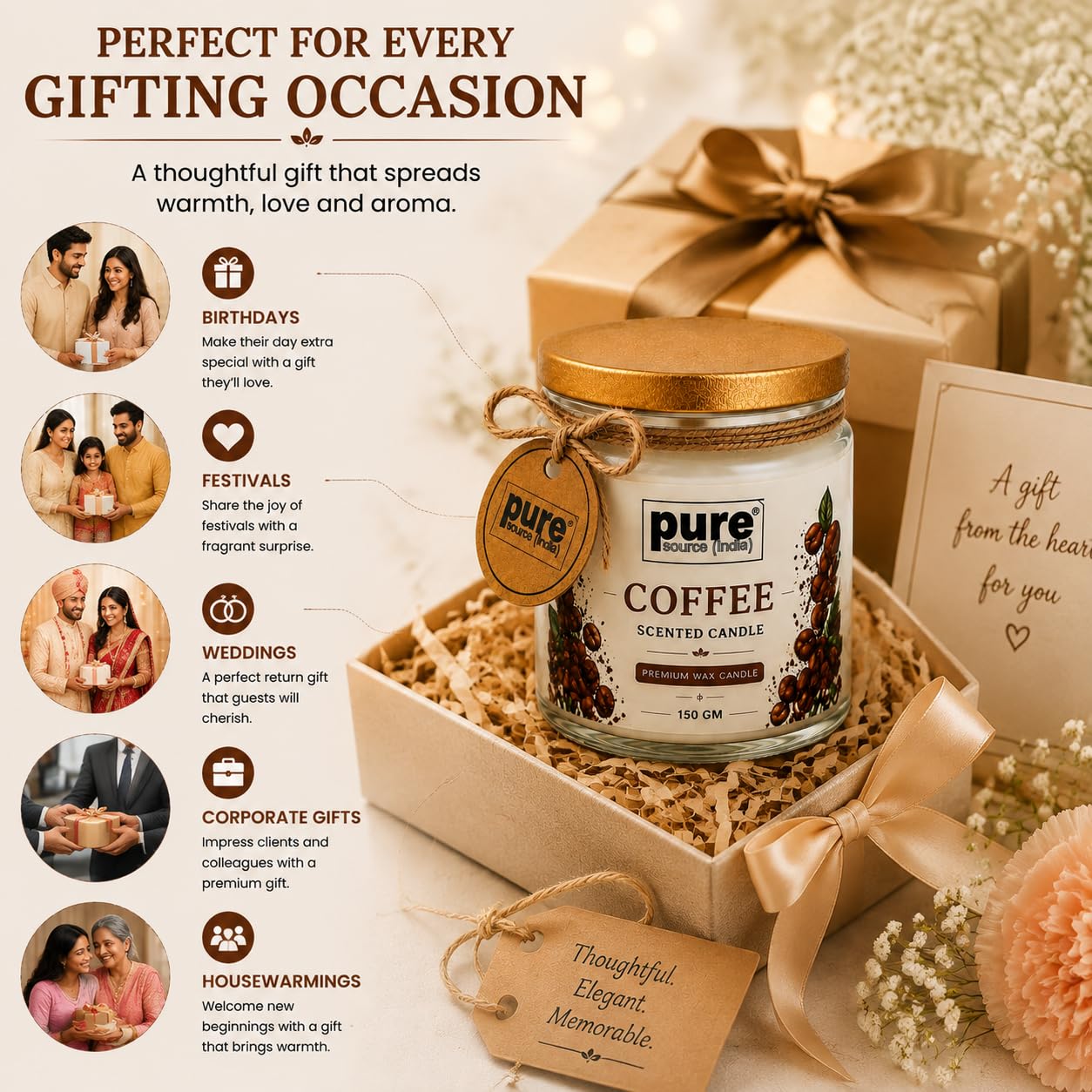 Pure Source India Premium Coffee Scented Wax Candle, 150 g | 35–40 Hours Long Burn Time | Aromatherapy Jar Candle for Home Fragrance, Home Decor, Diwali, Raksha Bandhan, Office, Spa & Gifting