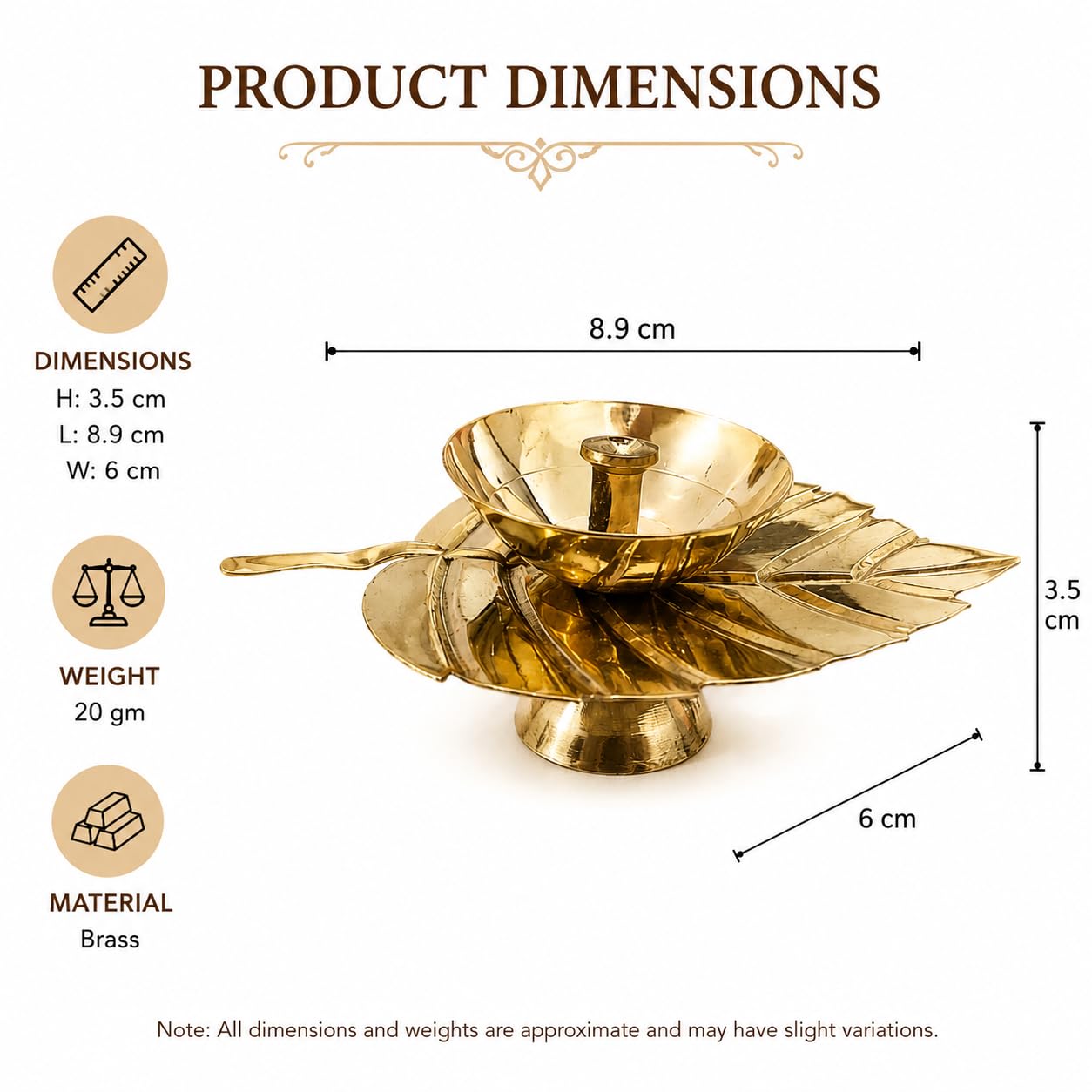 Pure Source India Brass Jyot Diya with Leaf Design Plate, 3.5 cm | Traditional Oil Lamp for Pooja Room, Temple & Home Decor | Brass Deepam for Diwali, Navratri & Daily Worship