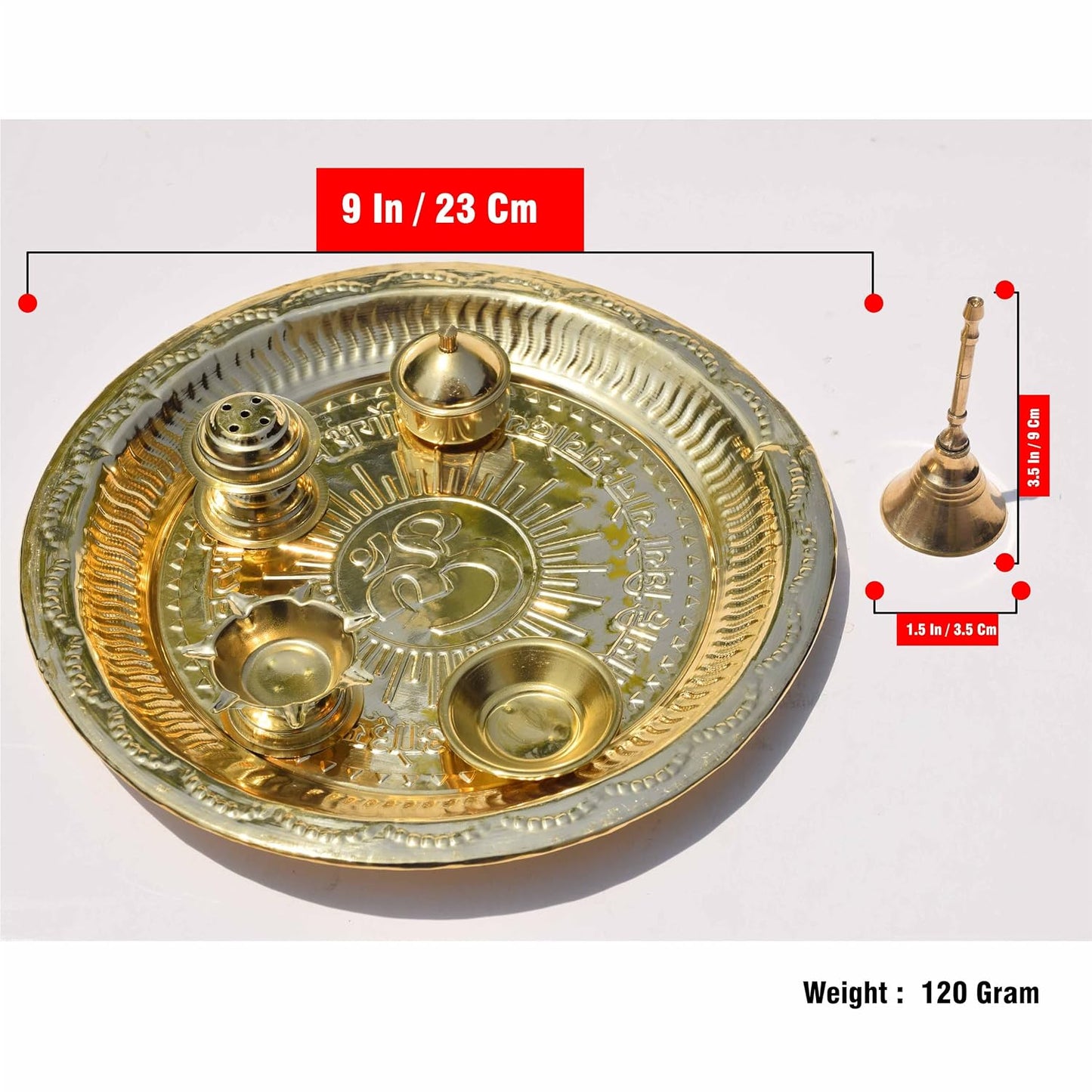 Pure Source India Pure Brass Pooja Thali Set with Gift Box, 9 Inch Traditional Puja Thali & Pooja Articles | Brass Pooja Set for Diwali, Mandir, Home, Office, Wedding & Return Gifts