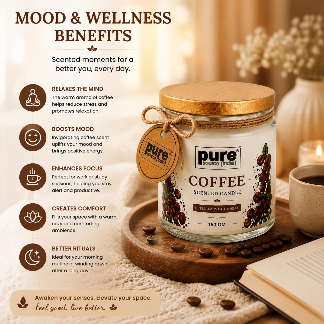 Pure Source India Premium Coffee Scented Wax Candle, 150 g | 35–40 Hours Long Burn Time | Aromatherapy Jar Candle for Home Fragrance, Home Decor, Diwali, Raksha Bandhan, Office, Spa & Gifting