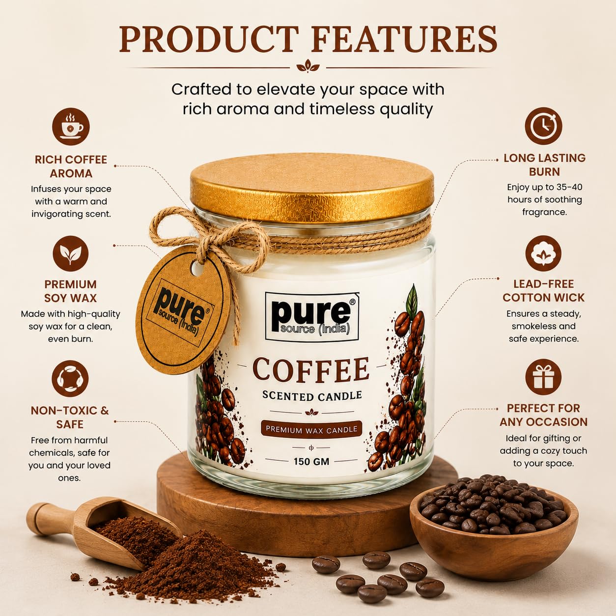 Pure Source India Premium Coffee Scented Wax Candle, 150 g | 35–40 Hours Long Burn Time | Aromatherapy Jar Candle for Home Fragrance, Home Decor, Diwali, Raksha Bandhan, Office, Spa & Gifting