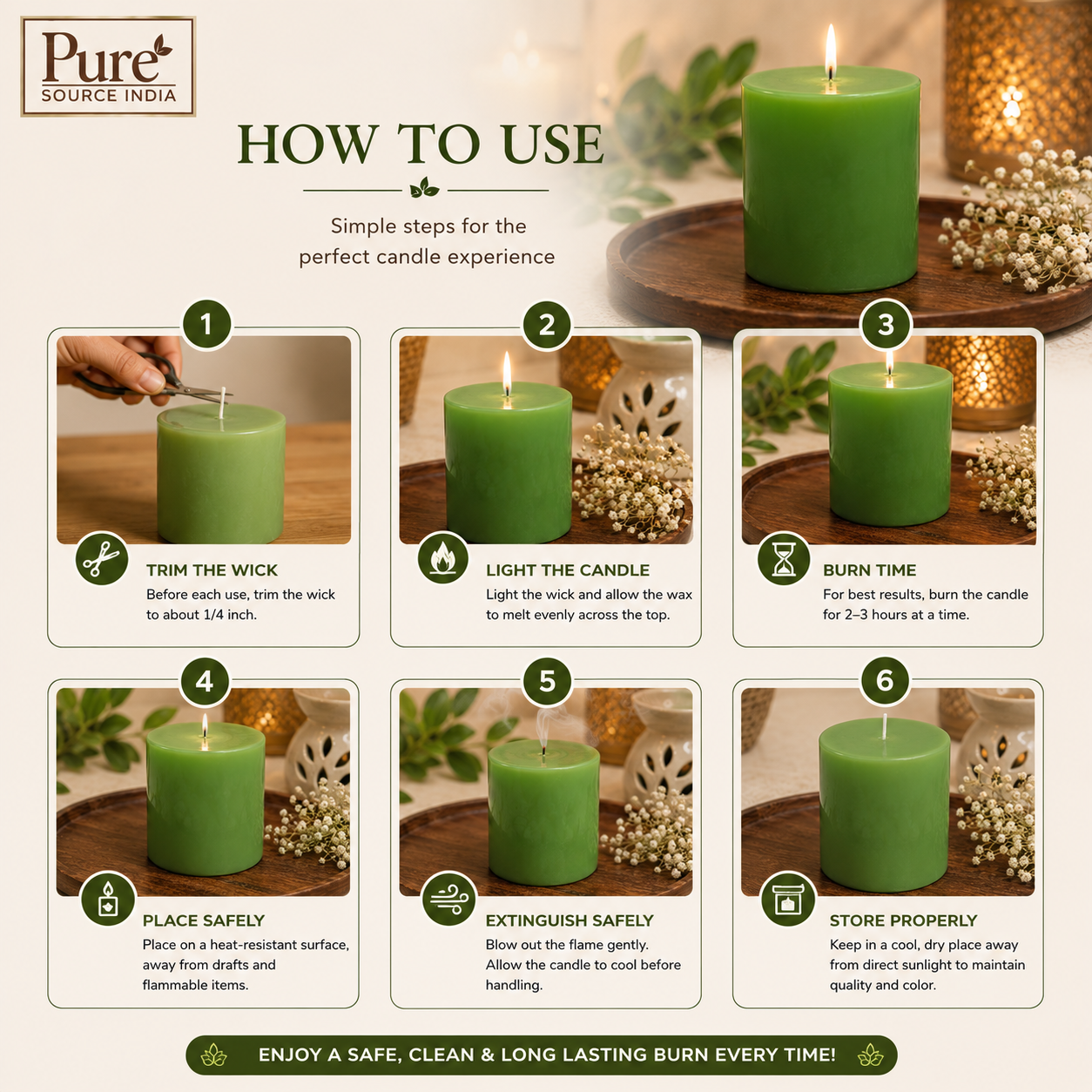 Pure Source India Scented Pillar Candle (3X3 INCH) Decorative Candle for Living Room, Diwali Decor, Gifting, Spa & Meditation (Lemongrass)