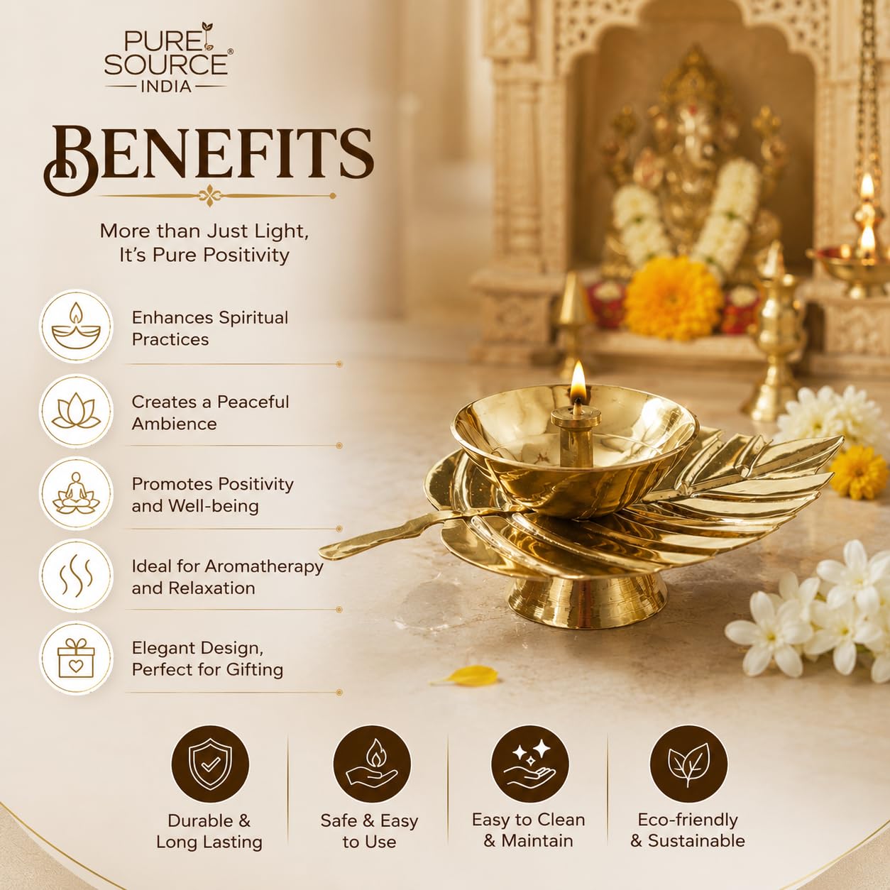 Pure Source India Brass Jyot Diya with Leaf Design Plate, 3.5 cm | Traditional Oil Lamp for Pooja Room, Temple & Home Decor | Brass Deepam for Diwali, Navratri & Daily Worship