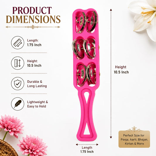 Pure Source India Handheld Plastic Tambourine Pack of 2 | 3-Pair Metal Jingle Percussion Instrument | Ideal for Bhajan, Kirtan, Pooja, Aarti, Garba, Music Practice & Cultural Events | Pink