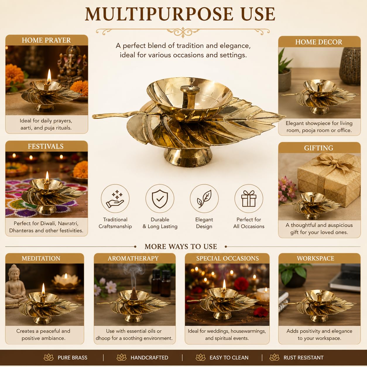 Pure Source India Brass Jyot Diya with Leaf Design Plate, 3.5 cm | Traditional Oil Lamp for Pooja Room, Temple & Home Decor | Brass Deepam for Diwali, Navratri & Daily Worship