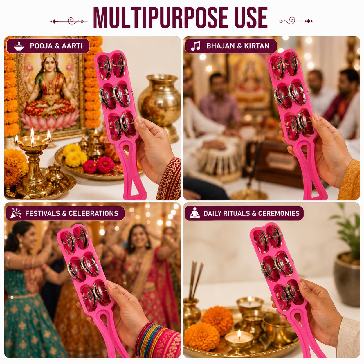 Pure Source India Handheld Plastic Tambourine Pack of 2 | 3-Pair Metal Jingle Percussion Instrument | Ideal for Bhajan, Kirtan, Pooja, Aarti, Garba, Music Practice & Cultural Events | Pink