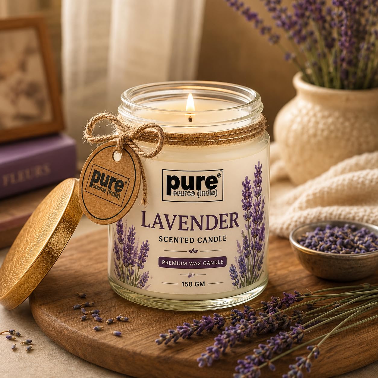 Pure Source India Premium Lavender Scented Wax Candle, 150 g | 35–40 Hours Long Burn Time | Aromatherapy Jar Candle for Home Fragrance, Home Decor, Diwali, Raksha Bandhan, Office, Spa & Gifting