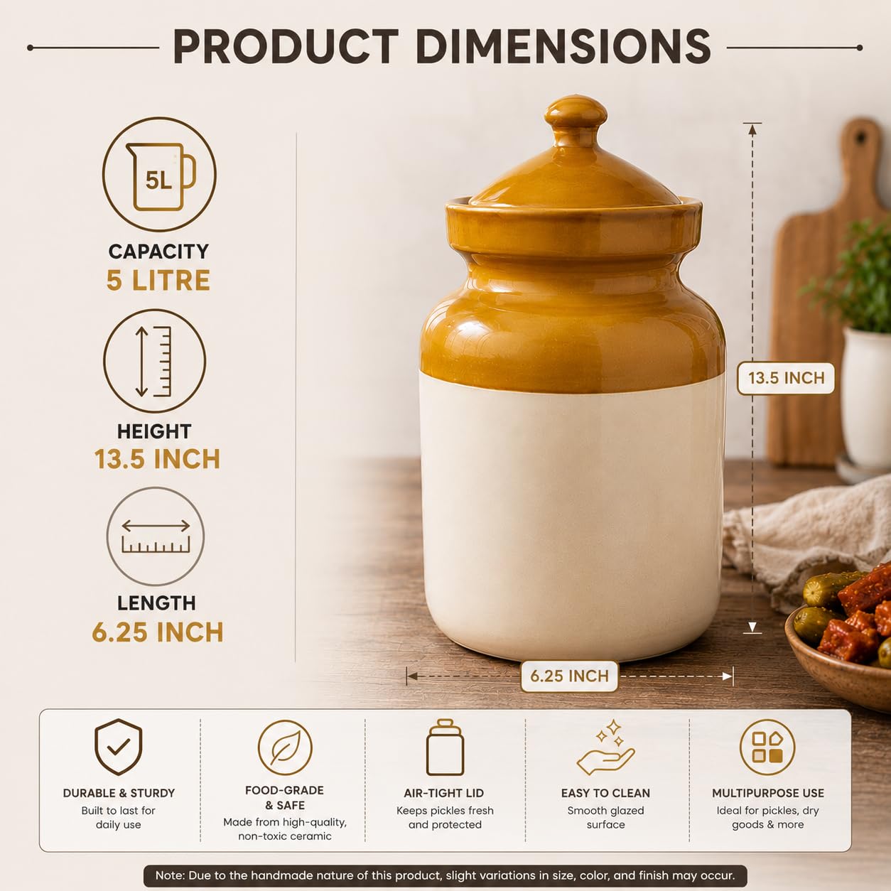 Pure Source India Ceramic Pickle Jar with Lid -Ivory and Brown