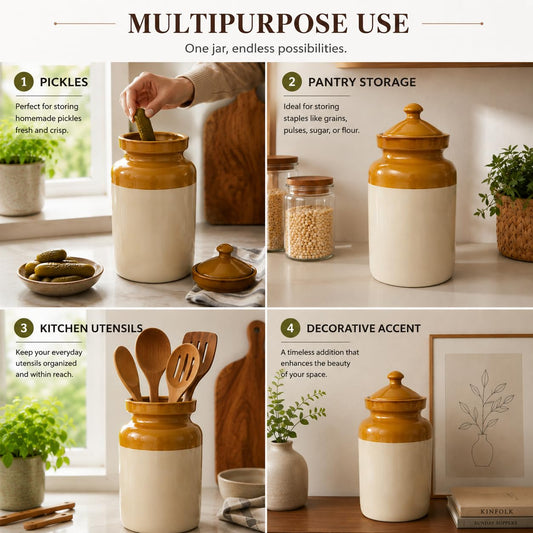 Pure Source India 3 kgs Ceramic Pickle Jar with Lid -Ivory and Brown